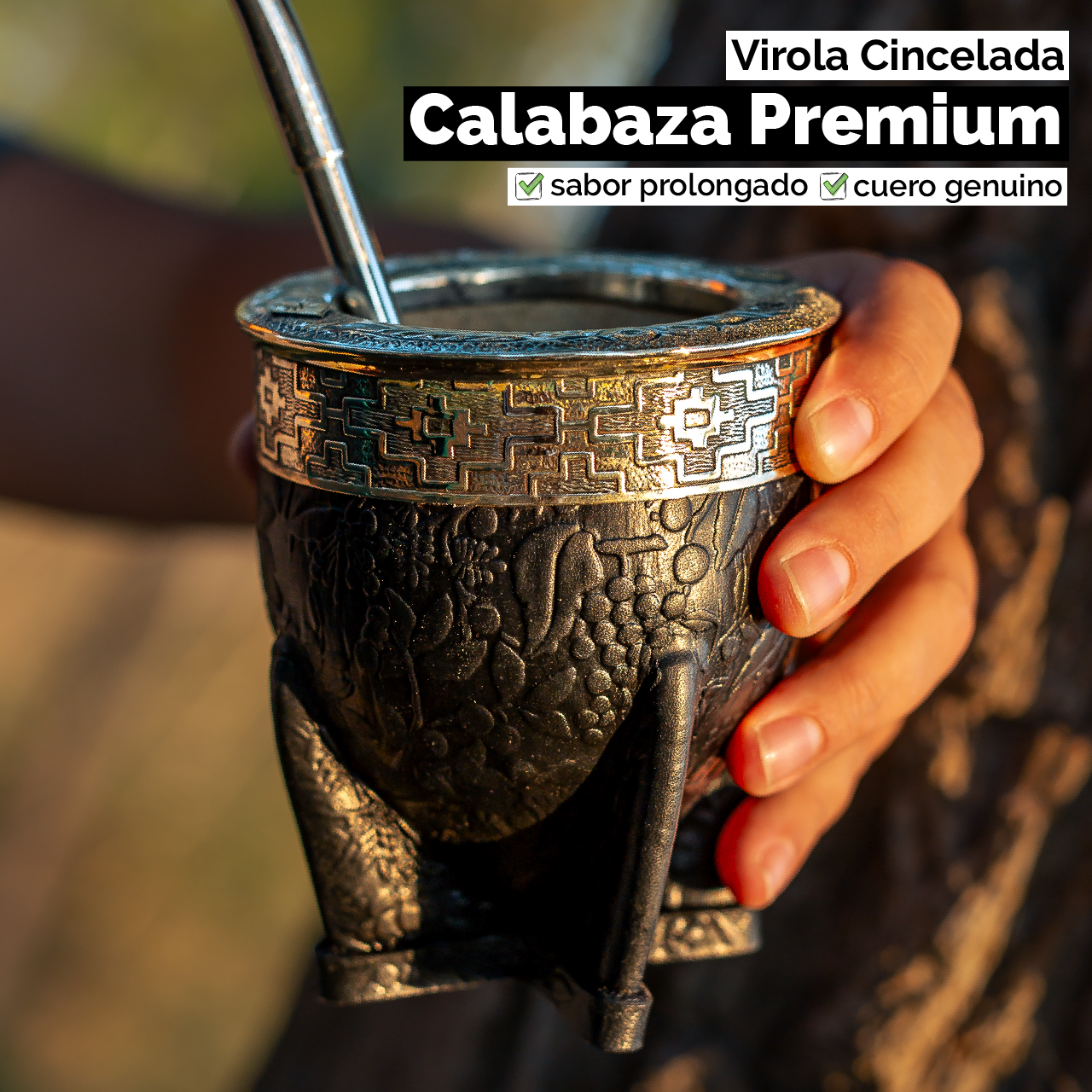 Mate Imperial (Calabaza) con Cuero Labrado - Virola Alpaca Cincelada