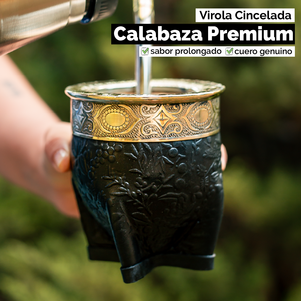 Mate Imperial (Calabaza) con Cuero Labrado - Virola Alpaca Cincelada