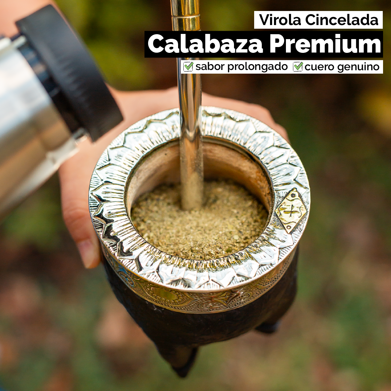 Mate Imperial (Calabaza) con Cuero Labrado - Virola Alpaca Cincelada