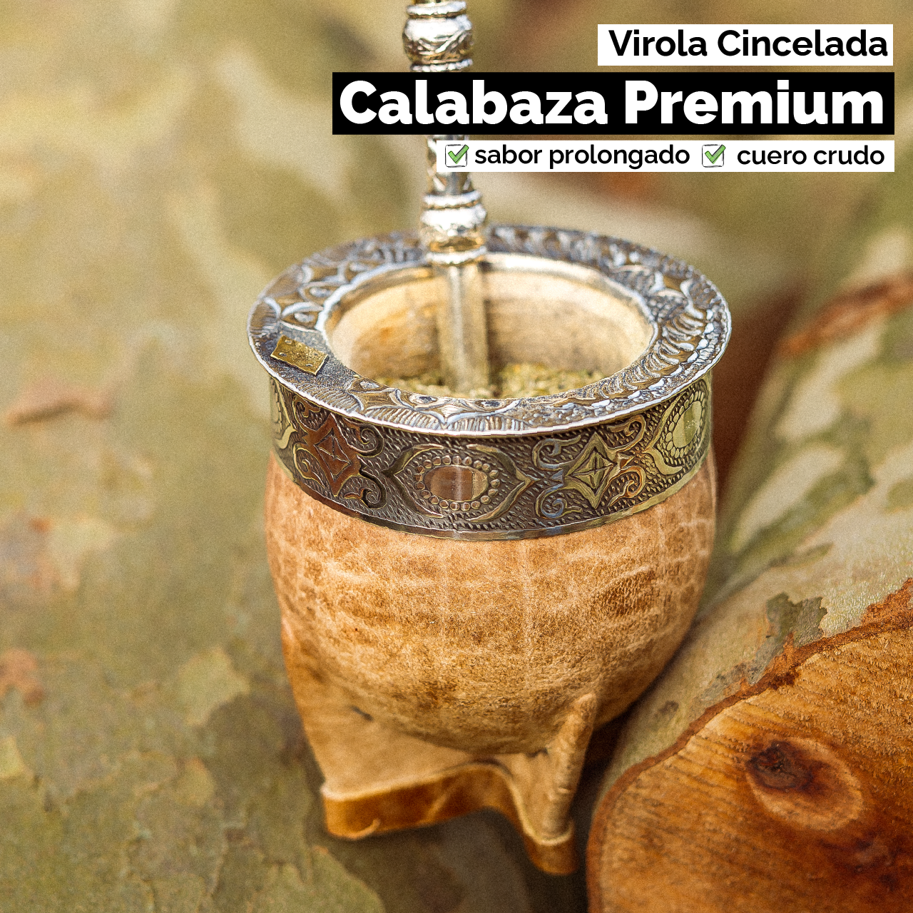 Mate Imperial con Cuero Crudo (Calabaza) - Virola Alpaca Cincelada