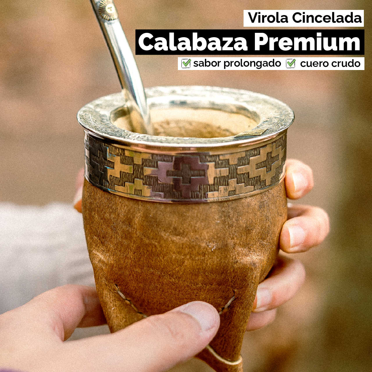 Mate Imperial con Cuero Crudo (Calabaza) - Virola Alpaca Cincelada