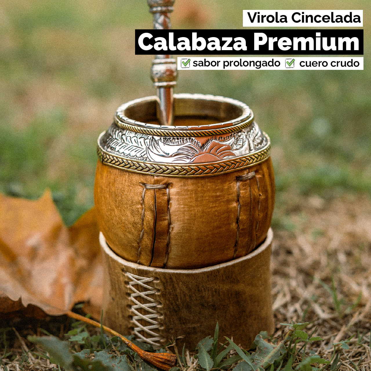 Mate Torpedo Imperial (Calabaza y cuero crudo) - Virola Alpaca Cincelada