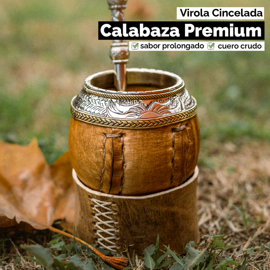 Mate Torpedo Imperial (Calabaza y cuero crudo) - Virola Alpaca Cincelada