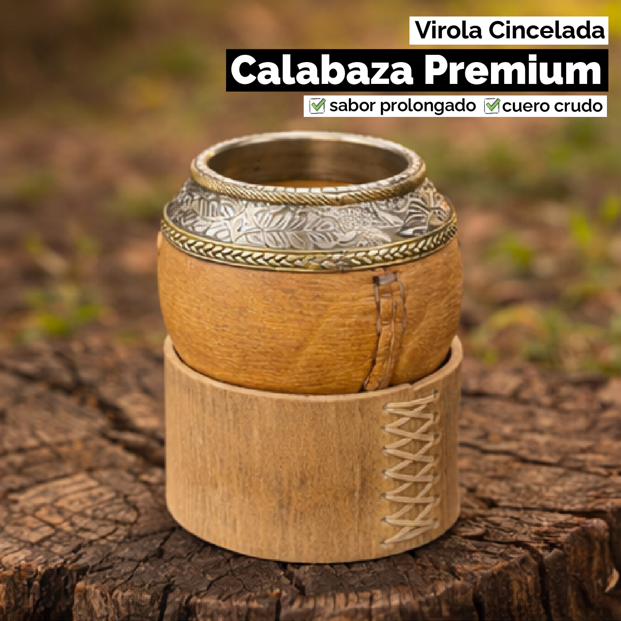 Mate Torpedo Imperial (Calabaza y cuero crudo) - Virola Alpaca Cincelada